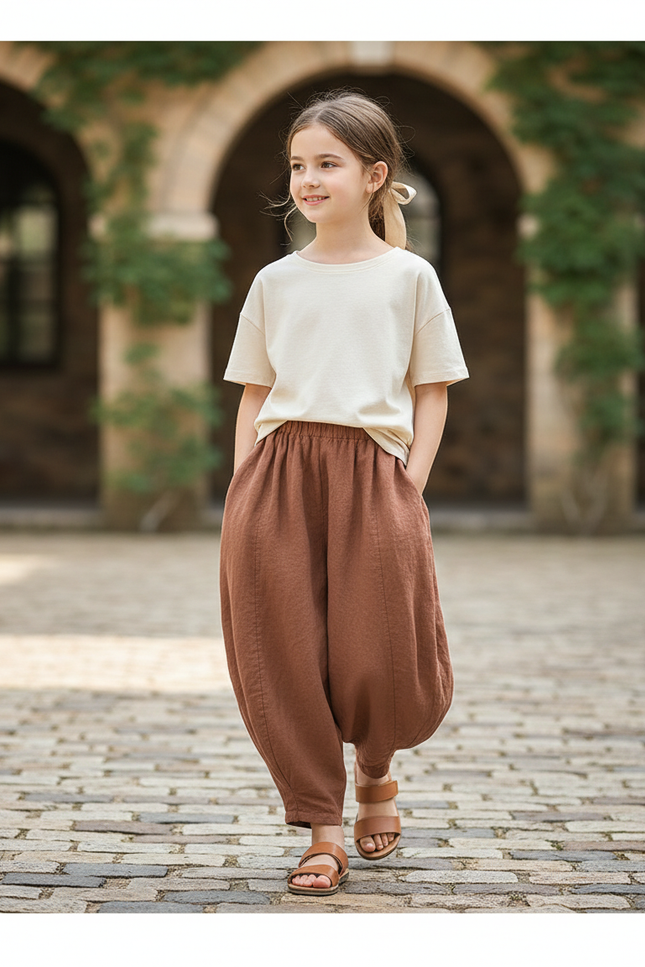 Pantalon En Lin Marron Ample Citrouille Bohème Décontracté