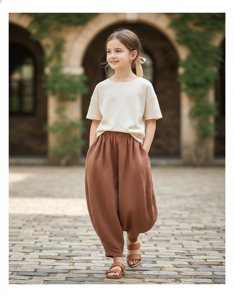 Pantalon En Lin Marron Ample Citrouille Bohème Décontracté