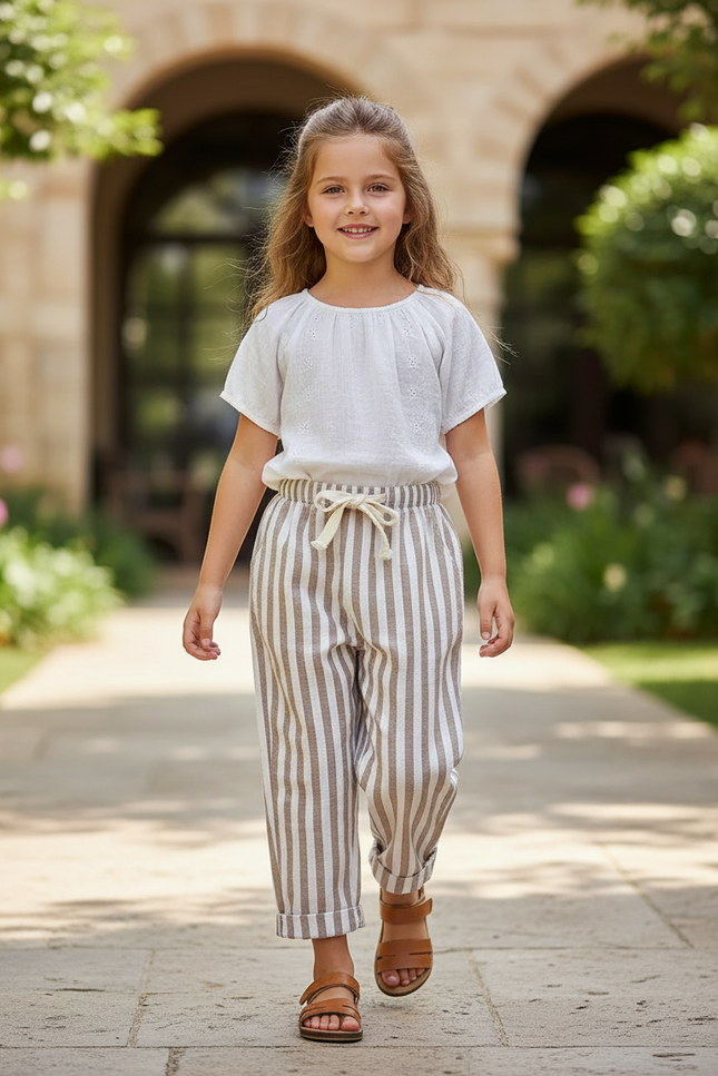 Pantalon En Lin Rayures - Beige