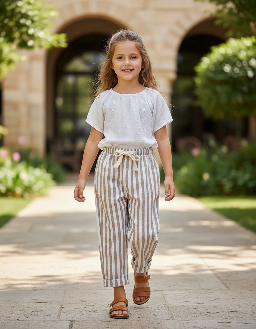 Pantalon En Lin Rayures - Beige