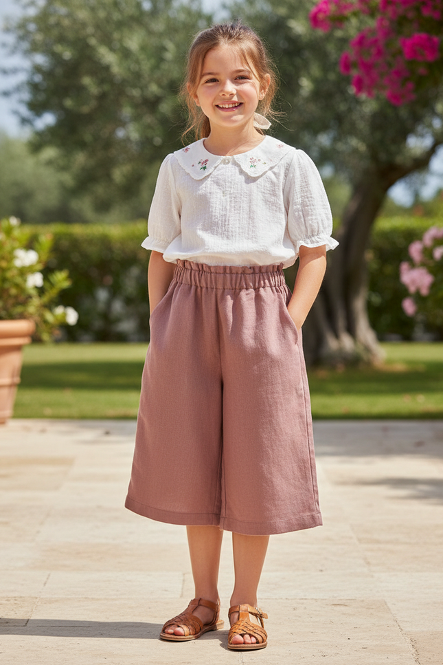 Pantalon En Lin Rose Ample Décontracté Fluide Fille