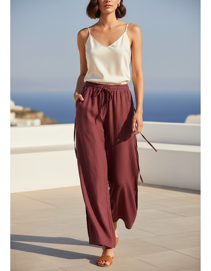 Pantalon En Lin Rouge Brique Ample Fluide Décontracté - Bordeaux