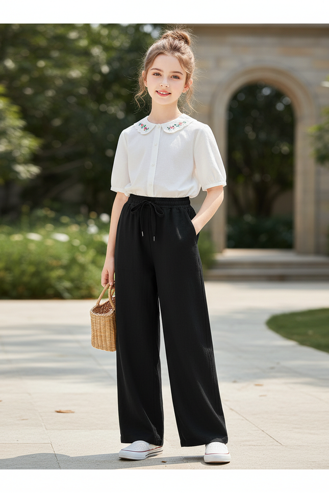 Pantalon En Lin Noir Ample Droit Confortable
