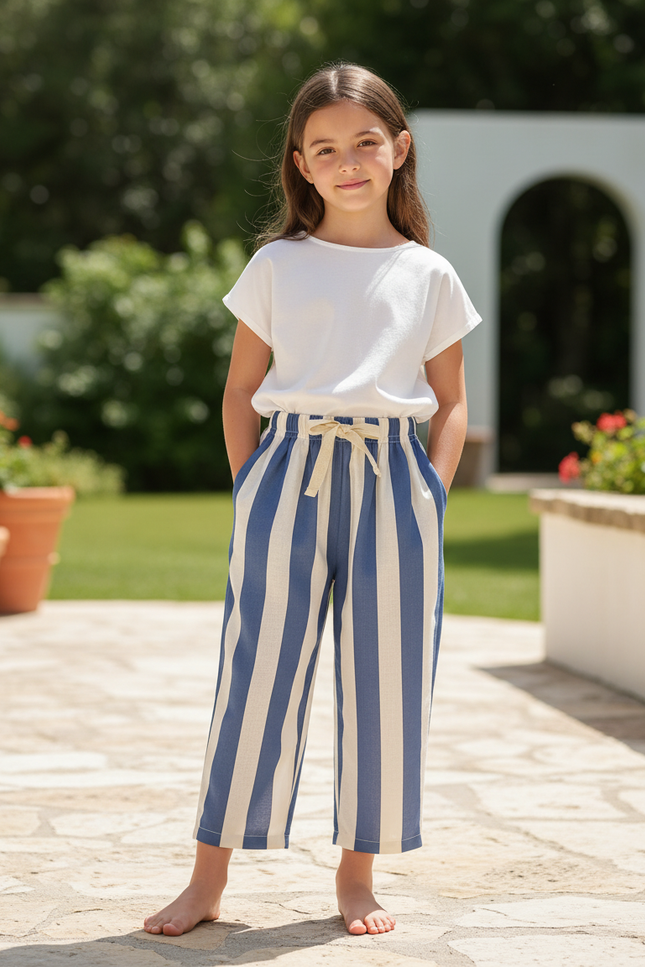 Pantalon En Lin Rayé Bleu Ample Décontracté Enfant