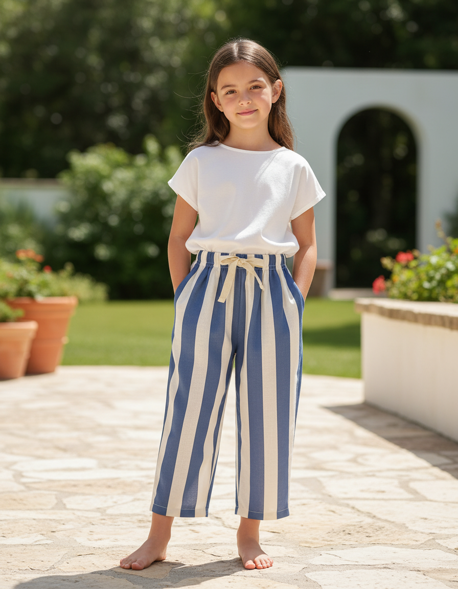Pantalon En Lin Rayé Bleu Ample Décontracté Enfant