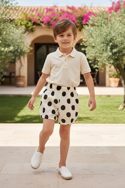 Pantalon En Lin Enfant Blanc À Pois Noirs Ample - Beige