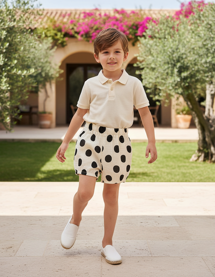 Pantalon En Lin Enfant Blanc À Pois Noirs Ample - Beige