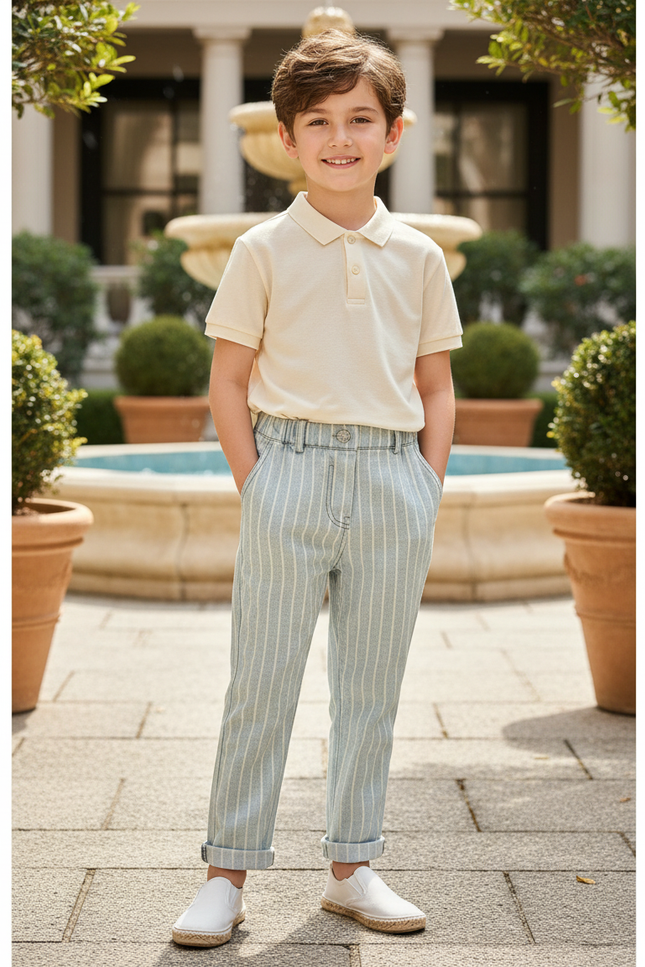 Pantalon En Lin Rayé Bleu Ciel Décontracté Enfant