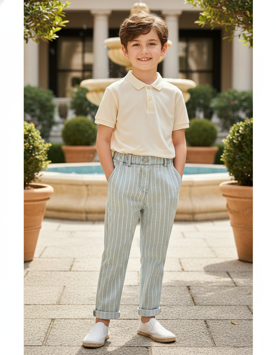 Pantalon En Lin Rayé Bleu Ciel Décontracté Enfant