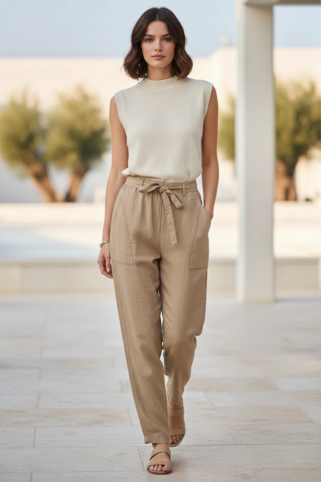 Pantalon En Lin Beige Taille Haute Décontracté Ceinturé