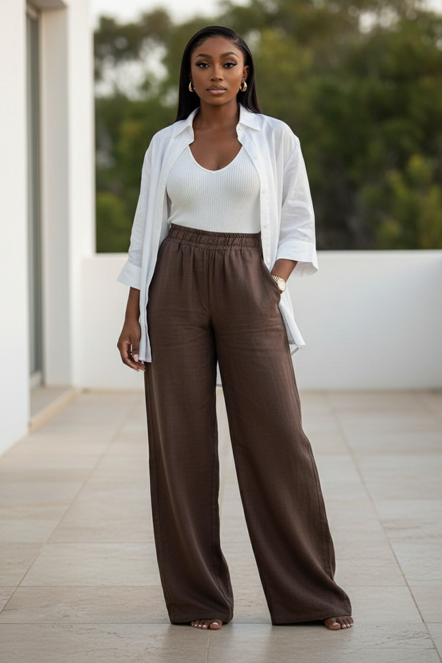 Pantalon En Lin Marron Ample Femme Décontracté