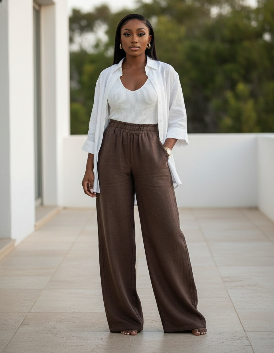 Pantalon En Lin Marron Ample Femme Décontracté