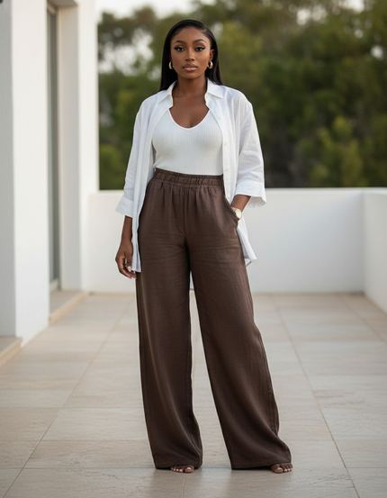 Pantalon En Lin Marron Ample Femme Décontracté