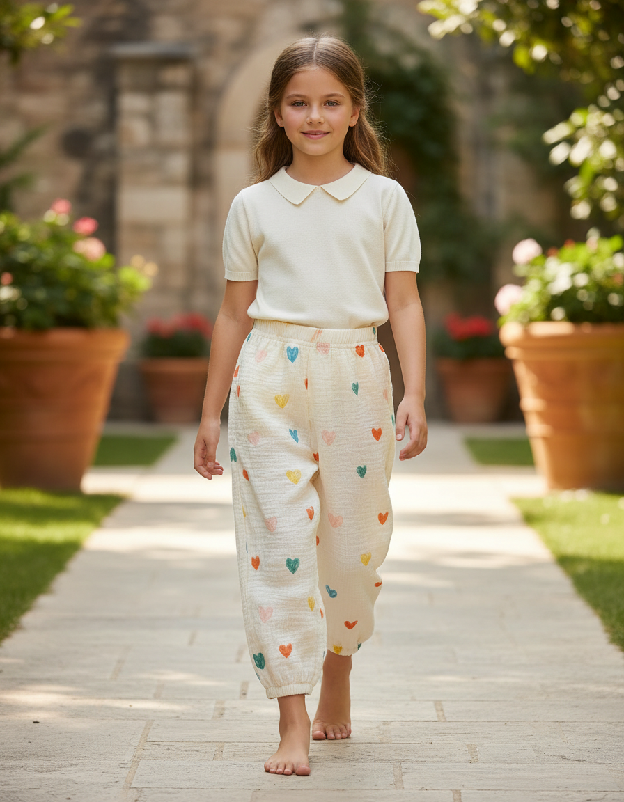 Pantalon En Lin Coton Cœurs Ample Confortable Enfant - Multicolore