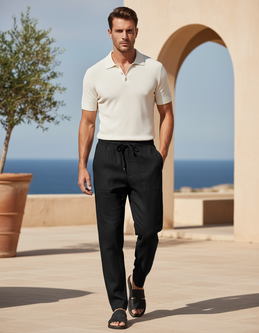 Pantalon En Lin Noir Décontracté Ample Homme