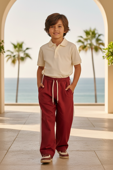 Pantalon En Lin Rouge Brique Ample Décontracté Garçon