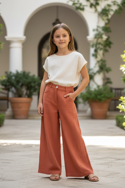 Pantalon En Lin Ample Terre Cuite Taille Haute Fille - Marron