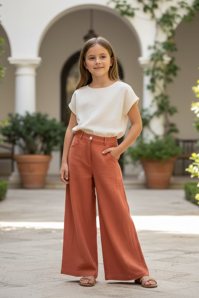 Pantalon En Lin Ample Terre Cuite Taille Haute Fille - Marron