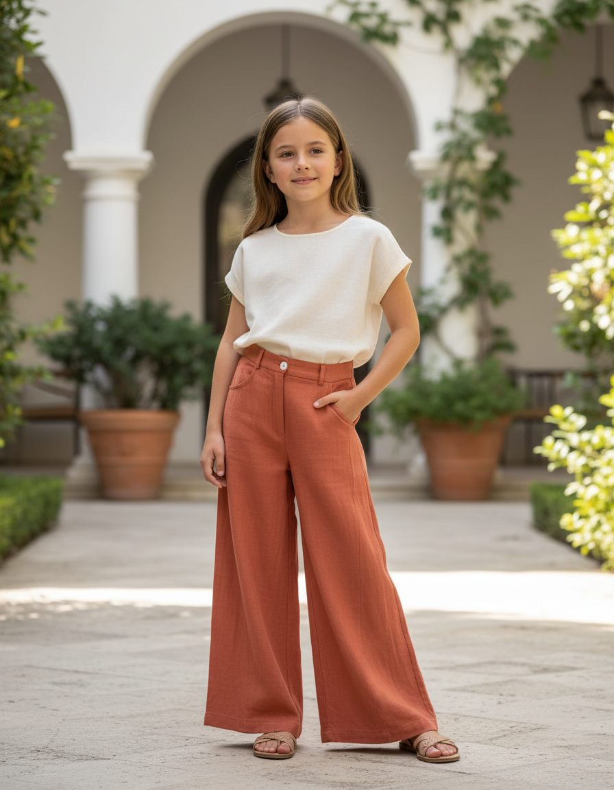 Pantalon En Lin Ample Terre Cuite Taille Haute Fille - Marron