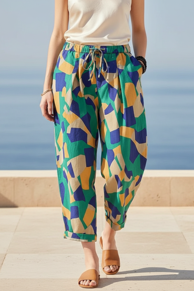 Pantalon En Lin Imprimé Géométrique Ample Décontracté Fluide - Multicolore
