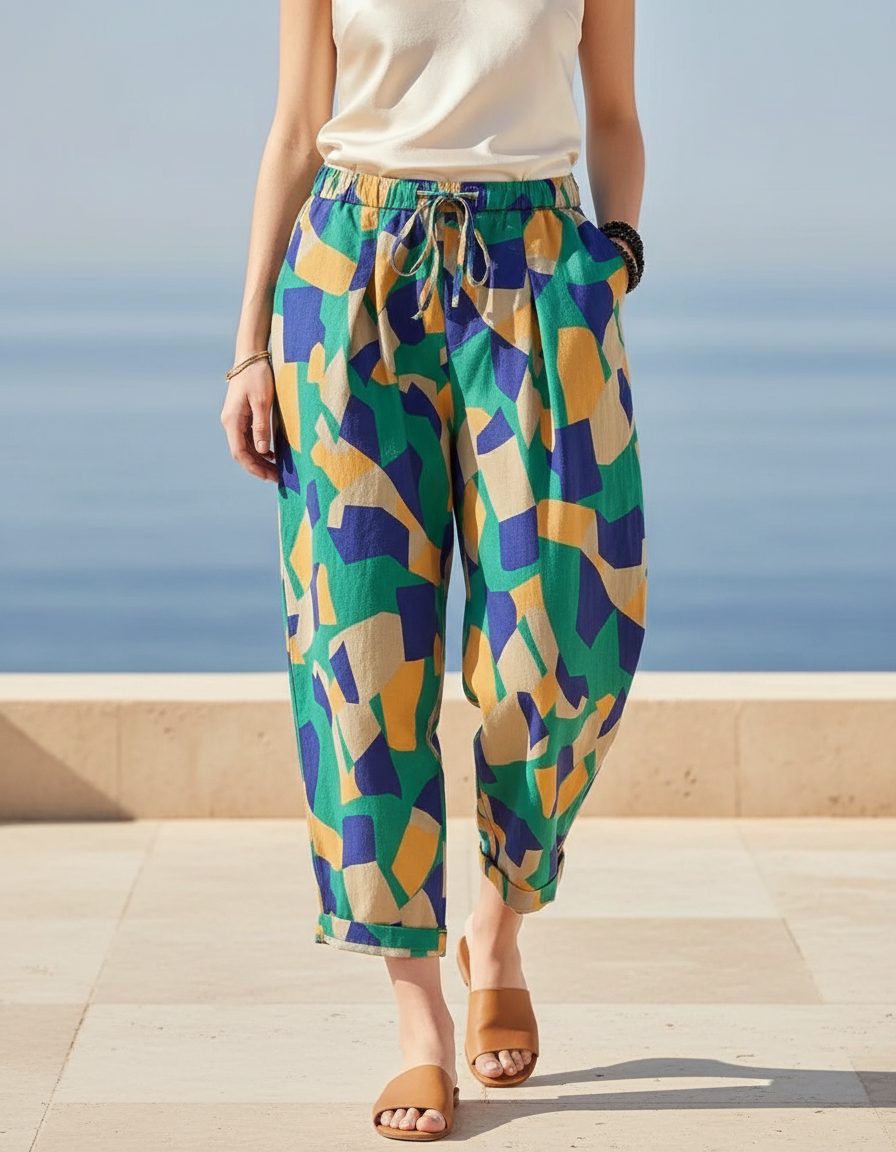 Pantalon En Lin Imprimé Géométrique Ample Décontracté Fluide - Multicolore