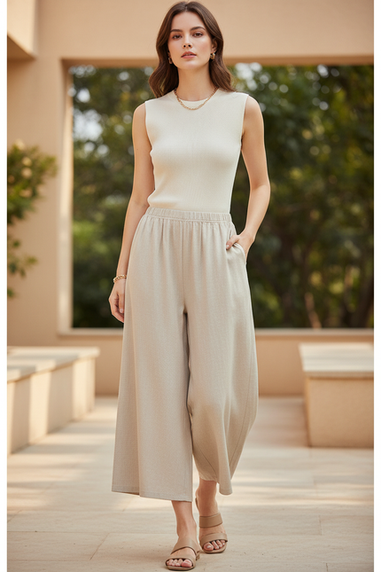 Pantalon En Lin Beige Ample Taille Élastique Femme