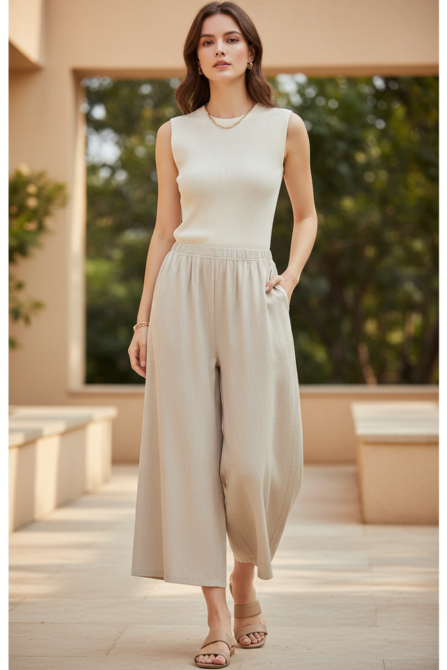 Pantalon En Lin Beige Ample Taille Élastique Femme