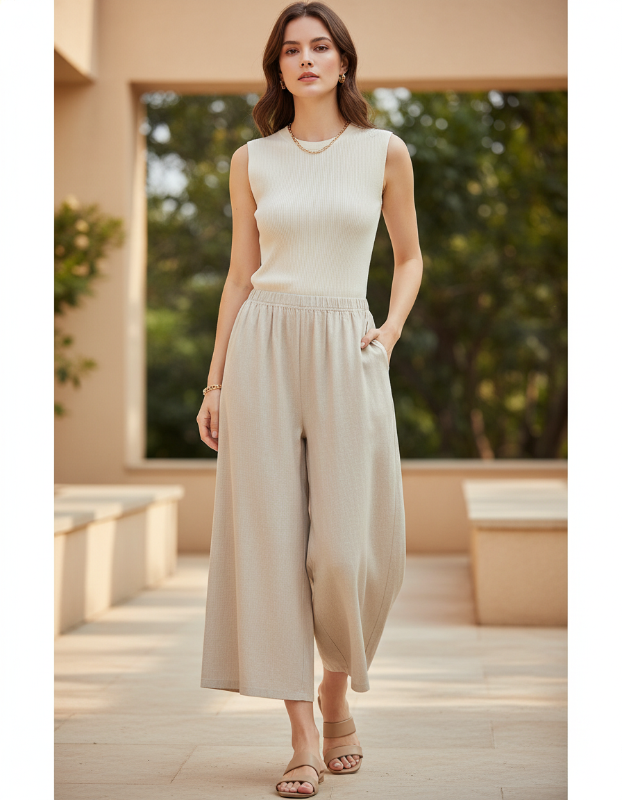 Pantalon En Lin Beige Ample Taille Élastique Femme