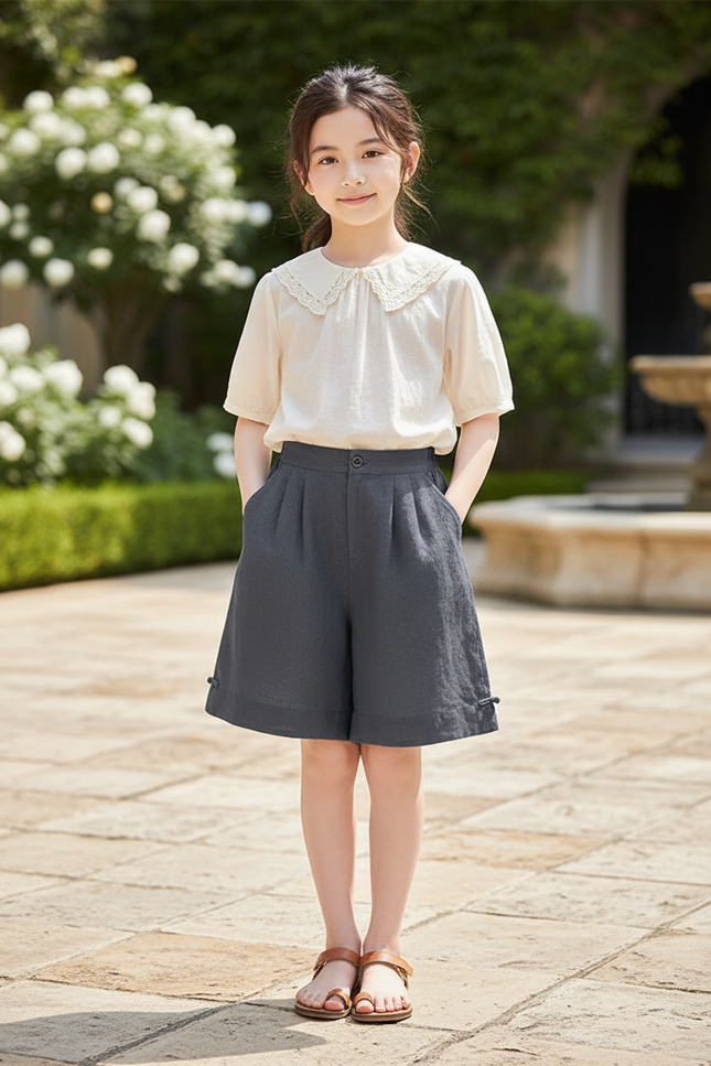 Pantalon En Lin Gris Ample Décontracté Court Fille
