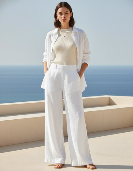Pantalon En Lin Blanc Ample Taille Haute Fluide