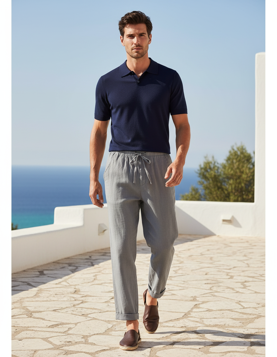 Pantalon En Lin Gris Cordon Ample Décontracté Homme