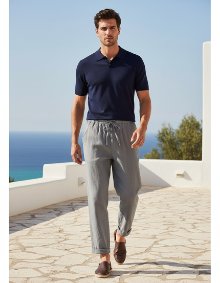 Pantalon En Lin Gris Cordon Ample Décontracté Homme