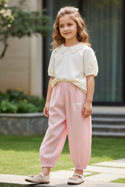Pantalon En Lin Rose Ample Confortable Enfant