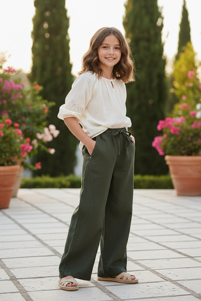 Pantalon En Lin Vert Ample Cordon Décontracté Enfant - Kaki
