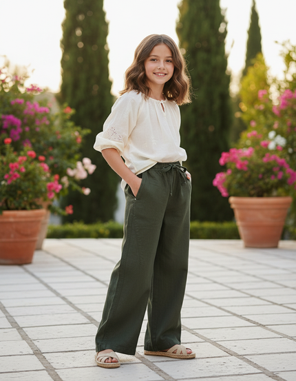 Pantalon En Lin Vert Ample Cordon Décontracté Enfant - Kaki