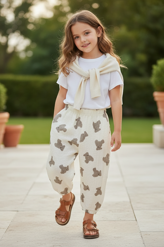 Pantalon En Lin Blanc Ample Imprimé Ours Enfant