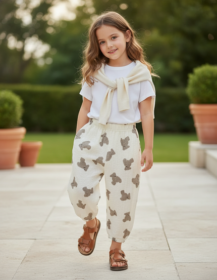 Pantalon En Lin Blanc Ample Imprimé Ours Enfant