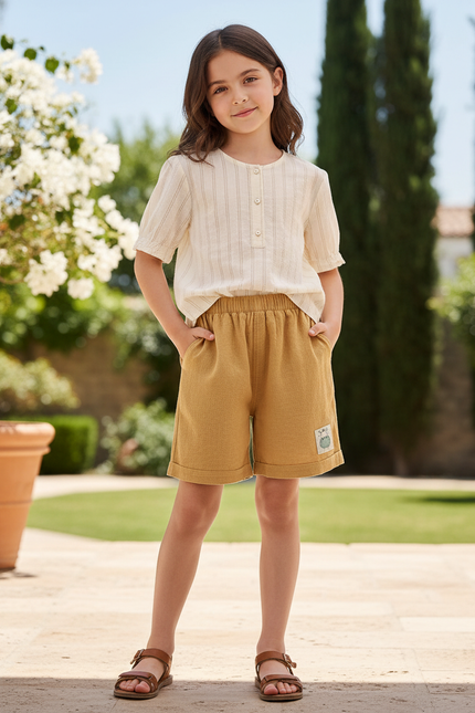 Pantalon En Lin Moutarde Ample Court Enfant - Jaune