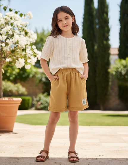 Pantalon En Lin Moutarde Ample Court Enfant - Jaune