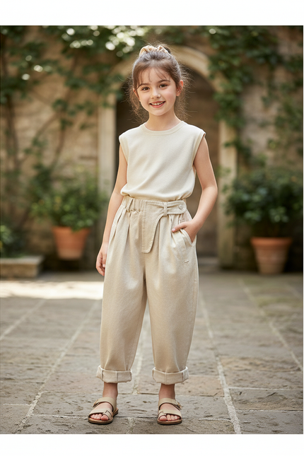 Pantalon En Lin Beige Ample Taille Haute Fille