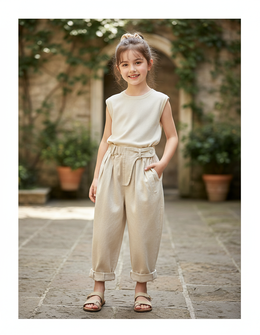 Pantalon En Lin Beige Ample Taille Haute Fille