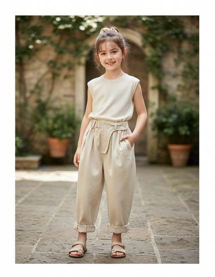 Pantalon En Lin Beige Ample Taille Haute Fille