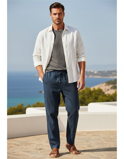 Pantalon En Lin Bleu Marine Droit Décontracté Homme