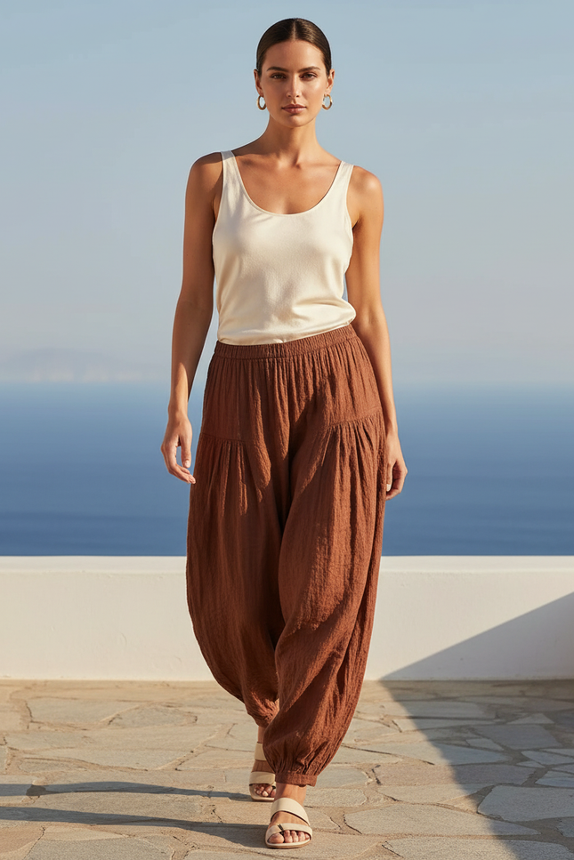 Pantalon En Lin Marron Ample Plissé Décontracté Femme