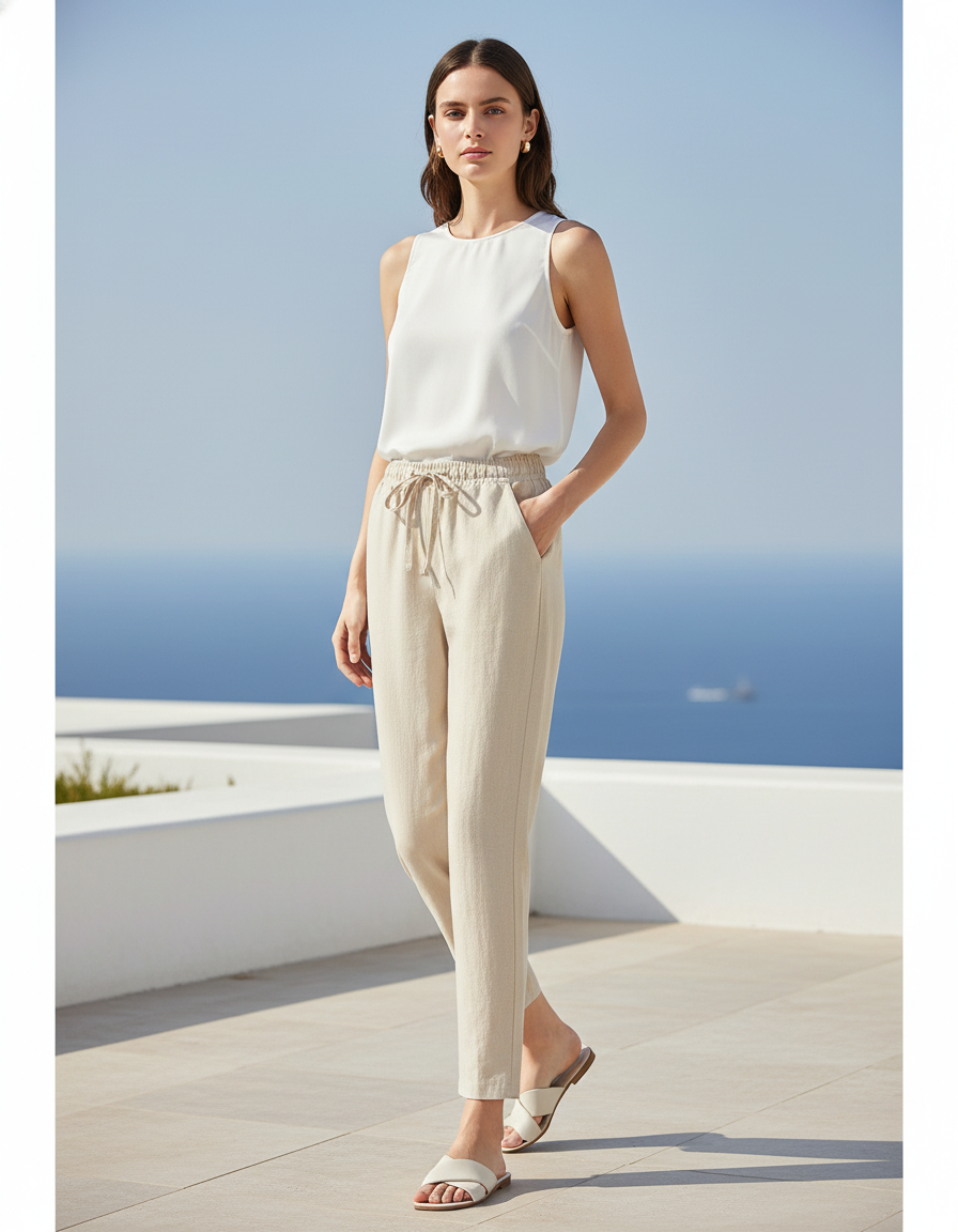 Pantalon En Lin Beige Cordon Décontracté Femme