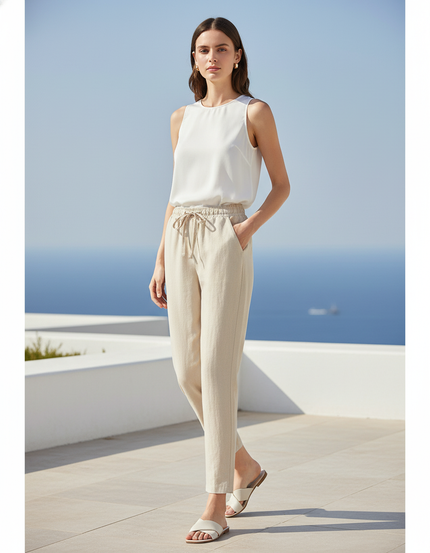 Pantalon En Lin Beige Cordon Décontracté Femme
