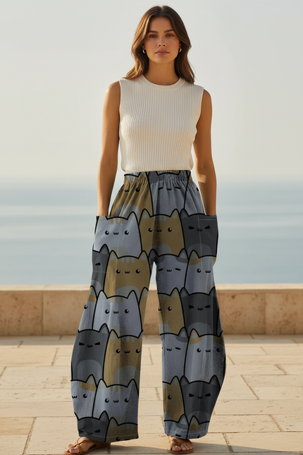 Pantalon En Lin Imprimé Chats Ample Décontracté Fluide