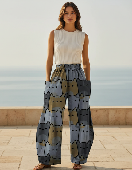 Pantalon En Lin Imprimé Chats Ample Décontracté Fluide