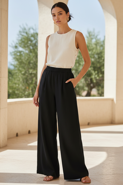 Pantalon En Lin Noir Fluide Ample Décontracté Élégant