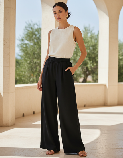 Pantalon En Lin Noir Fluide Ample Décontracté Élégant